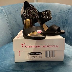 Chinese Laundry Black Satin Embellished Heels